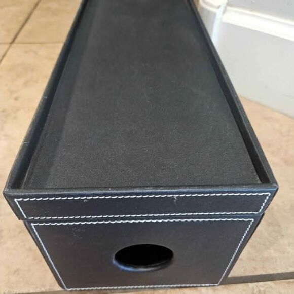 Black Stitched Leather Cord Management Box Desk Organization 15" x 6" x 6" - Picture 1 of 3